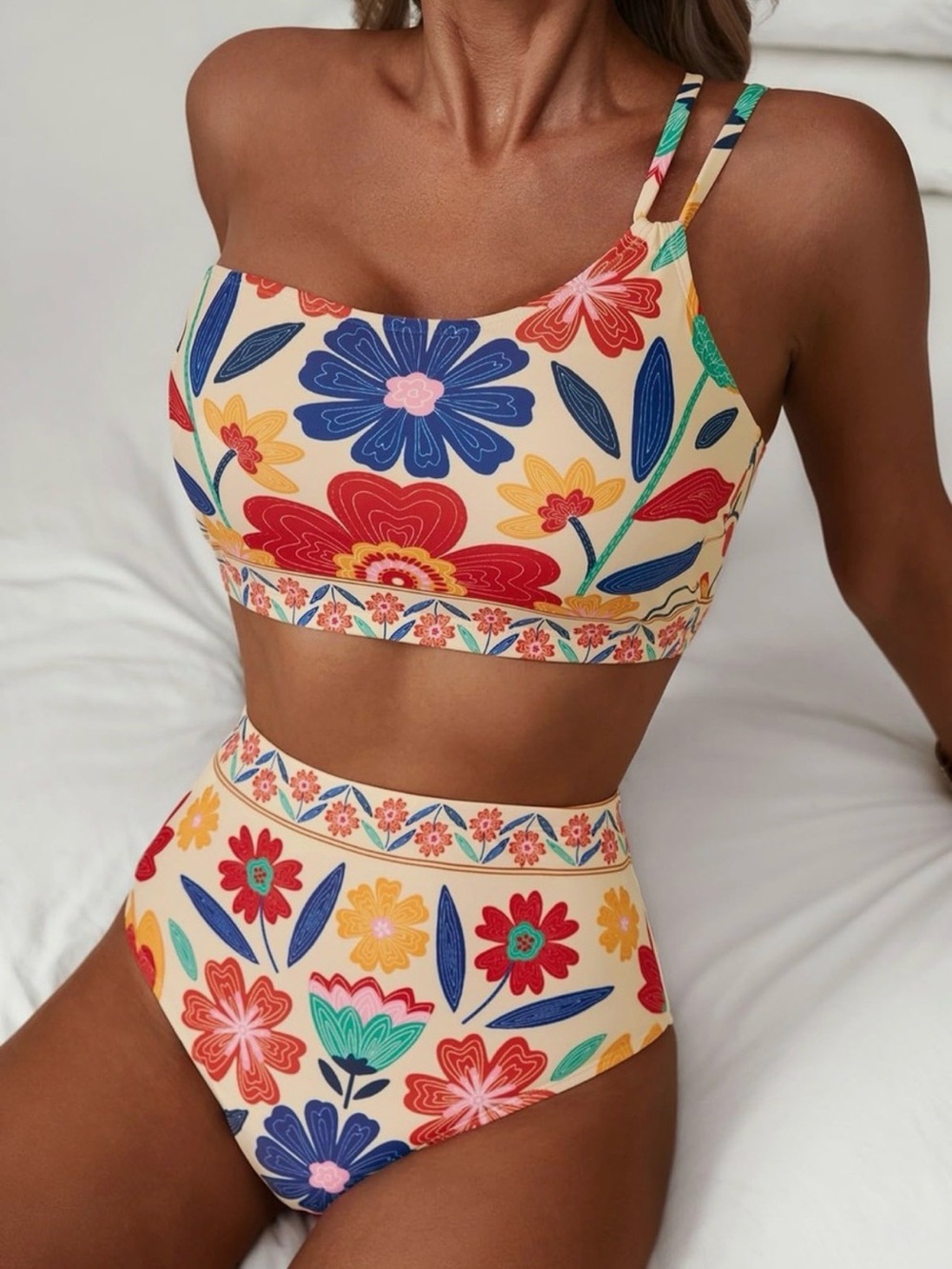 One-Shoulder Floral High-Waist Bikini Set MultiColor - Picture 3 of 8